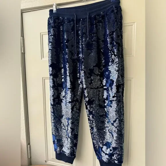 Anthropologie ett:twa Sequin Velvet Joggers Holiday Sparkle navy blue Medium M - Picture 6 of 16